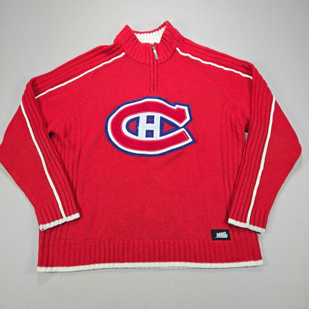NHL Montreal Canadiens Sweater Quarter-Zip Logo Knit Red Mens Large